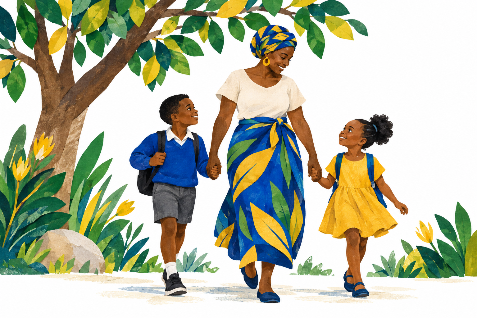 Illustration of a caregiver and children together in a green, welcoming community